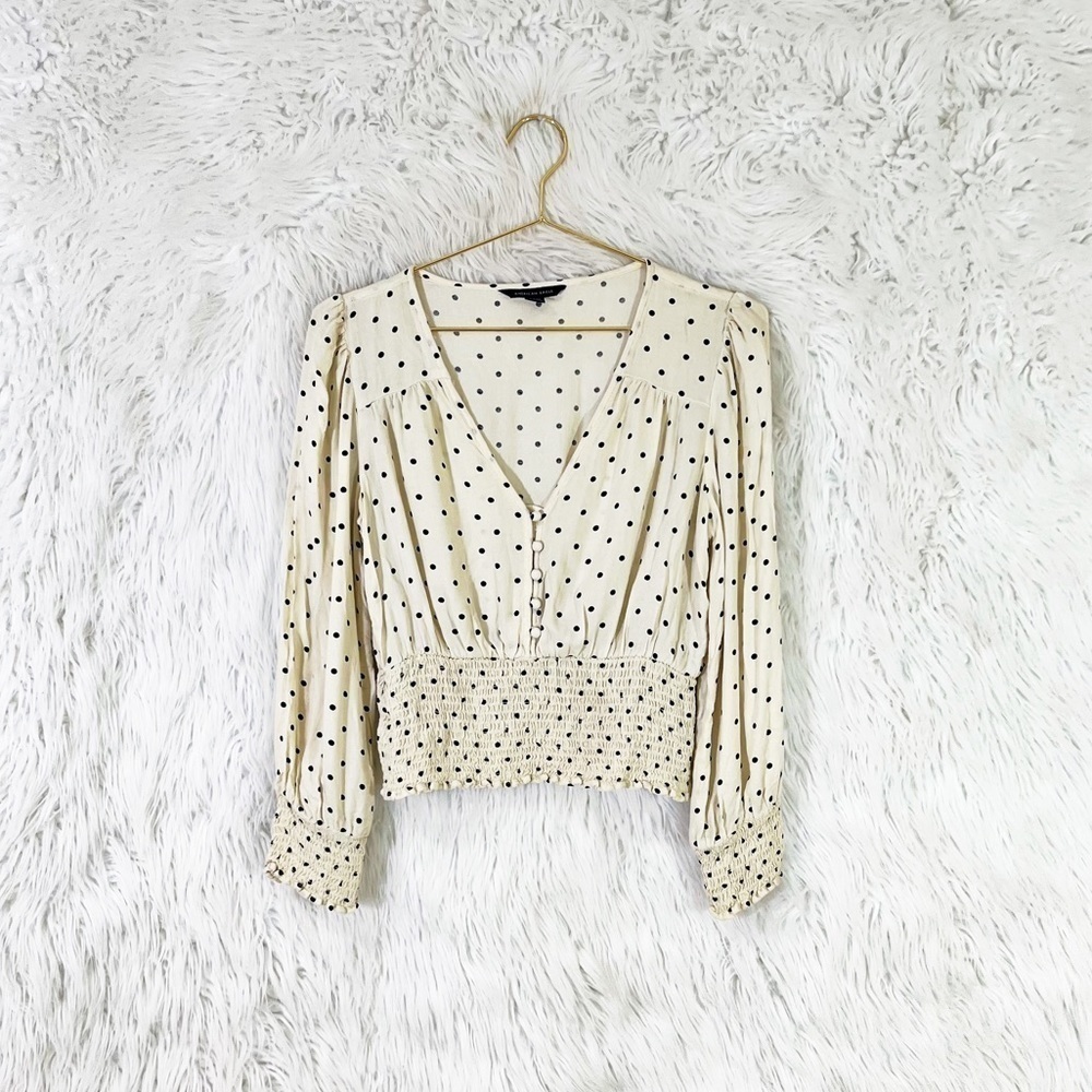 American Eagle Outfitters polka dot smocked long sleeve blouse